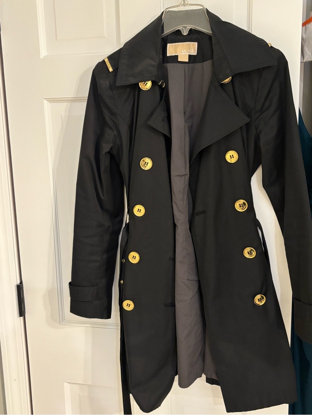 Michael Kors Black Trench Coat with Gold Buttons